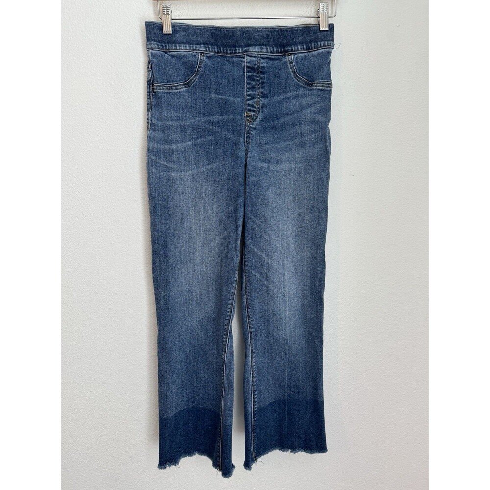 SPANX KICK FLARE CROPPED JEANS Blue pull-on Raw Hem Jeans High Rise Control M